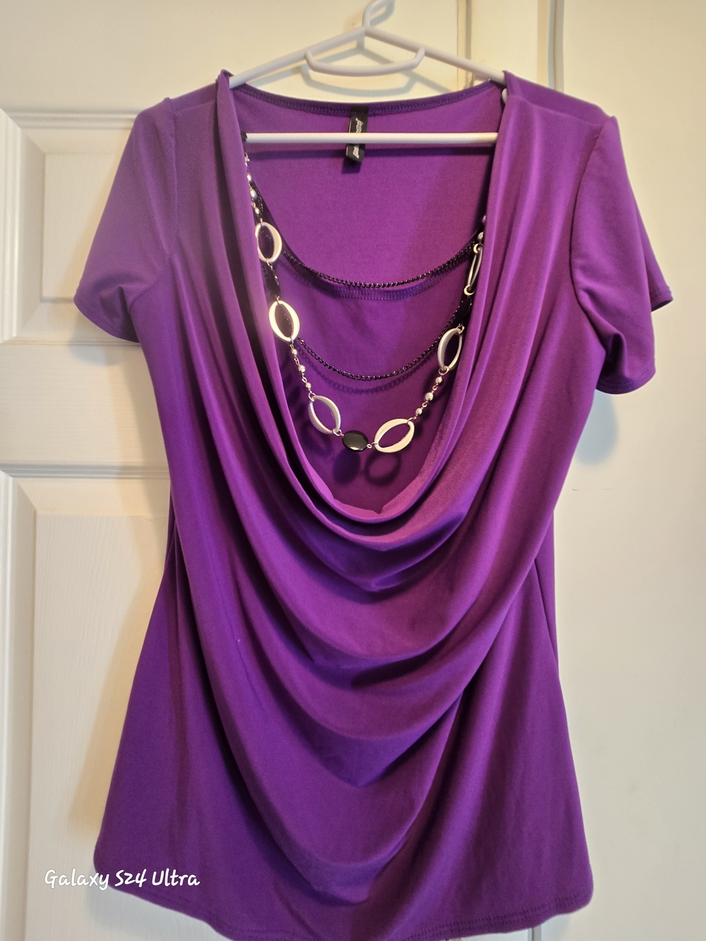 Purple Drape Neck Women’s Top with Necklace Detail Size M